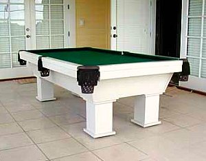 Outdoor pool table under covered patio