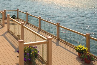Glass railing over lake with balusters